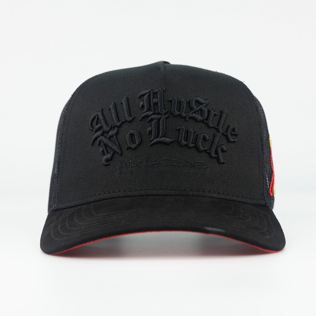 4. ALL HUSTLE NO LUCK BLACK SUELA ROJA TRUCKER (pre-order)