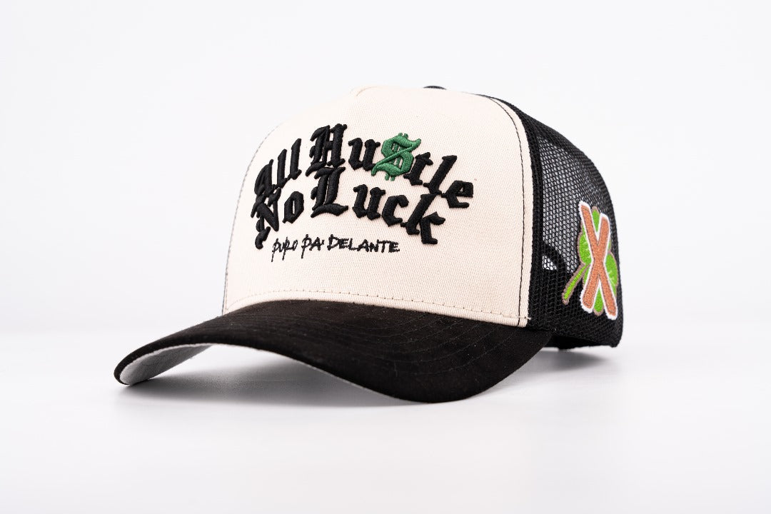 5. ALL HUSTLE NO LUCK OFF-WHITE & BLACK TRUCKER SNAPBACK (pre-order)