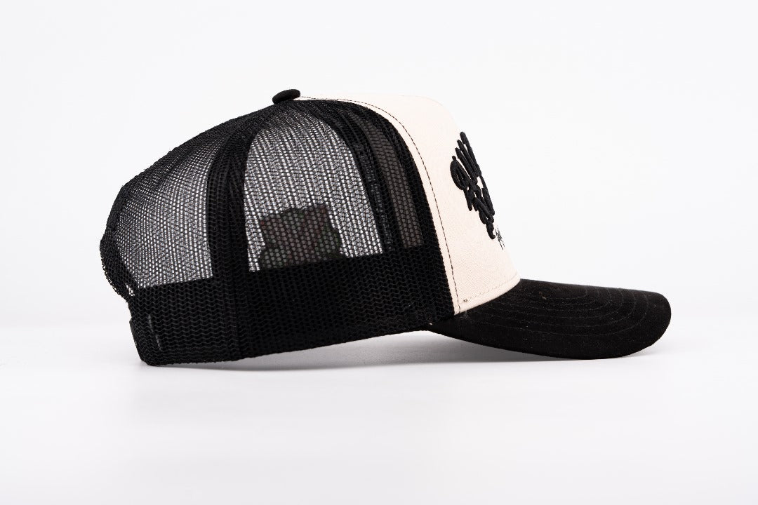 5. ALL HUSTLE NO LUCK OFF-WHITE & BLACK TRUCKER SNAPBACK (pre-order)