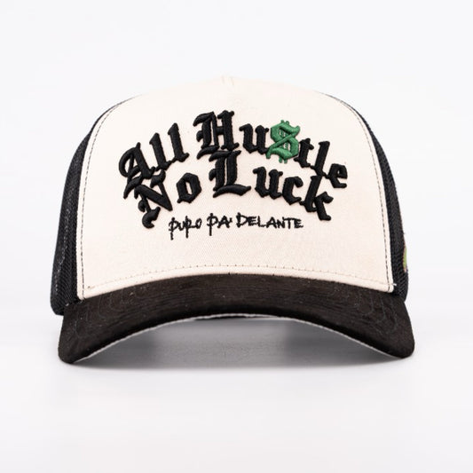 5. ALL HUSTLE NO LUCK OFF-WHITE & BLACK TRUCKER SNAPBACK (pre-order)
