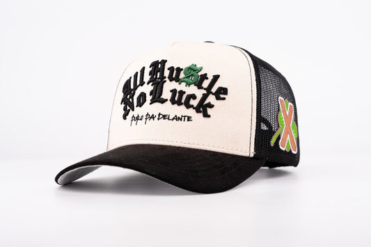 5. ALL HUSTLE NO LUCK OFF-WHITE & BLACK TRUCKER SNAPBACK (pre-order)